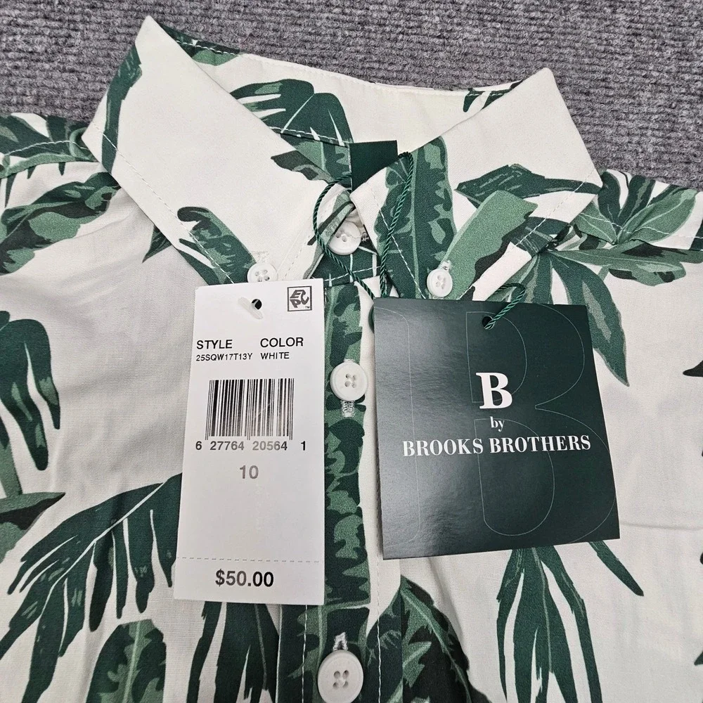 B Brooks Brothers Boys Shirt Tropical Palm Leaf Print Button Down White Green 10